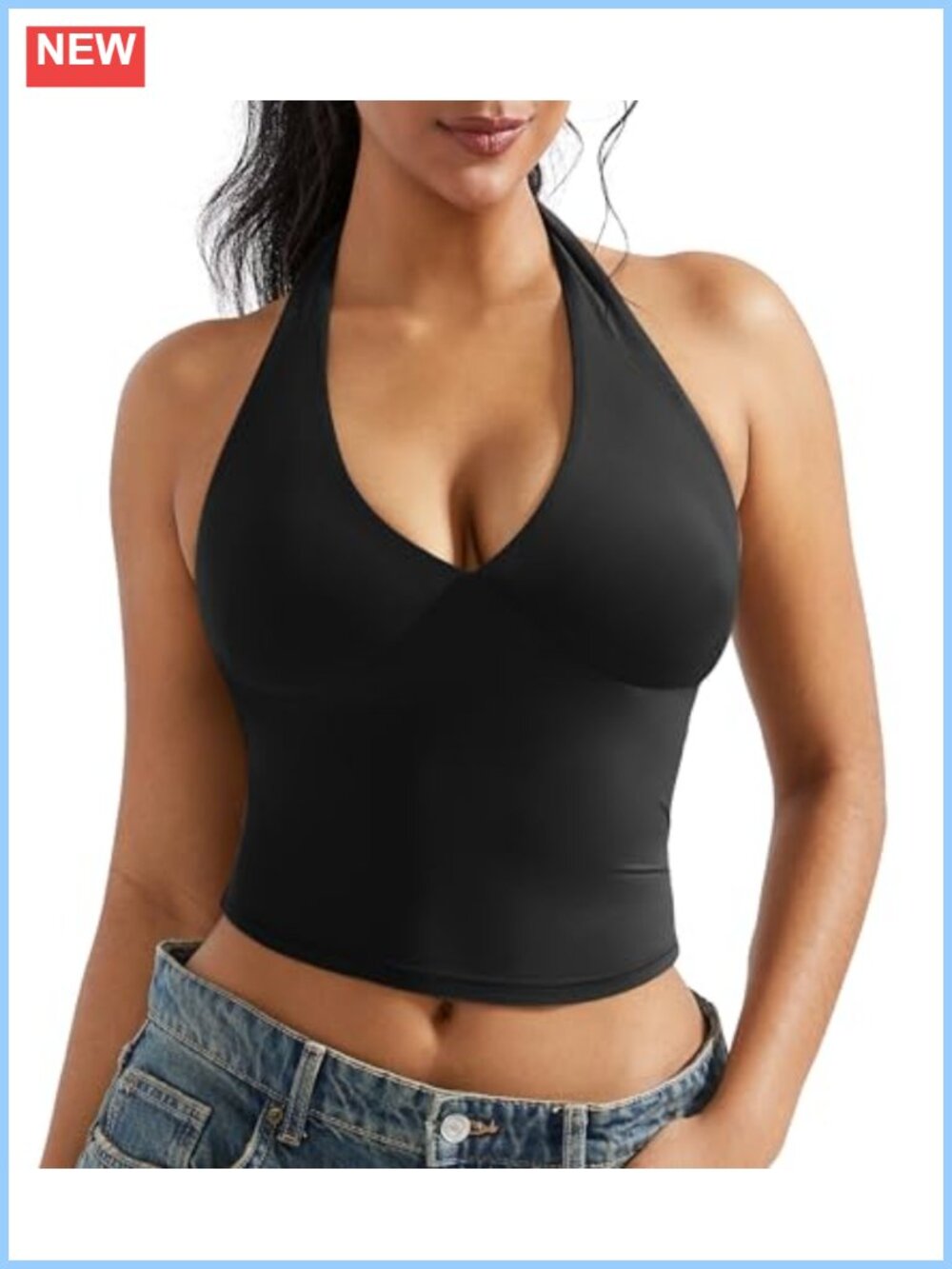 OMKAGI Women's Halter V-Neck Sleeveless Crop Tank Top Y2K Party Top
